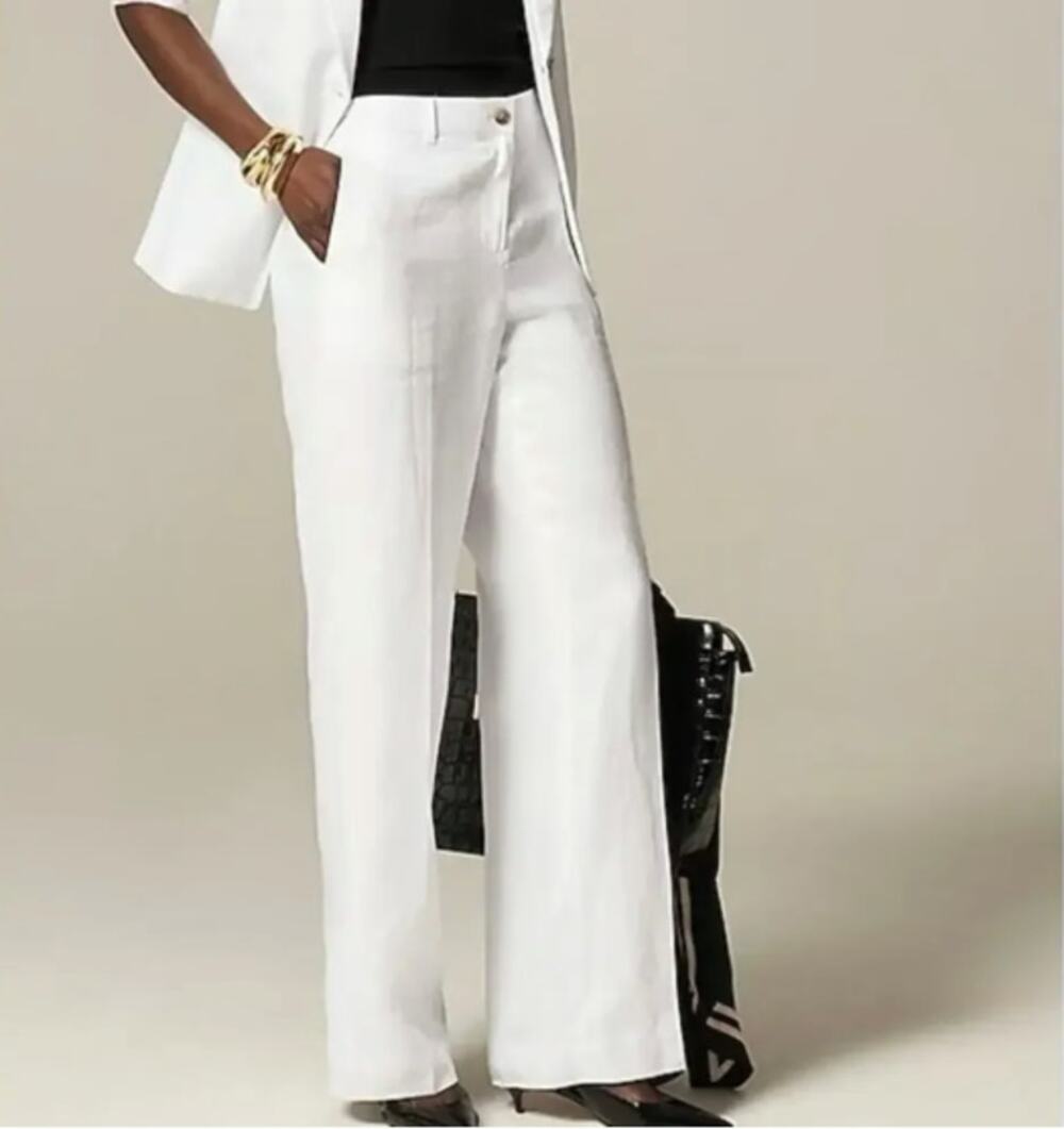 J.Crew Harbor Linen Pant White Wide Leg Fully Lined Elastic Back Size M NWOT